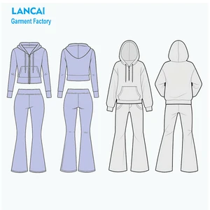 Manufacturer Custom Women's 2-Piece Set Heavy Cotton Sweatpants Hoodie Patch Embroidery Zipper Sweatshirts Flare Pants