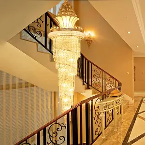 Led Long Staircase Hanging Crystal Pendant Light Villa Lobby Gold Large Chandeliers for High Ceilings