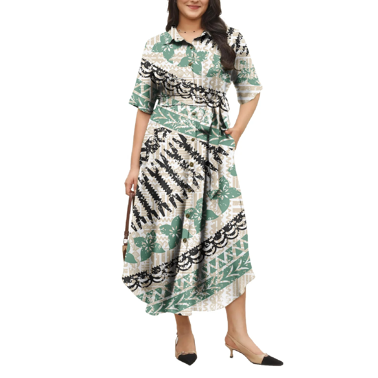 Pacific Islander Style Custom Polynesian Hawaiian Island Dresses Print  Dress Ladies Women Shirt Dress for Holiday