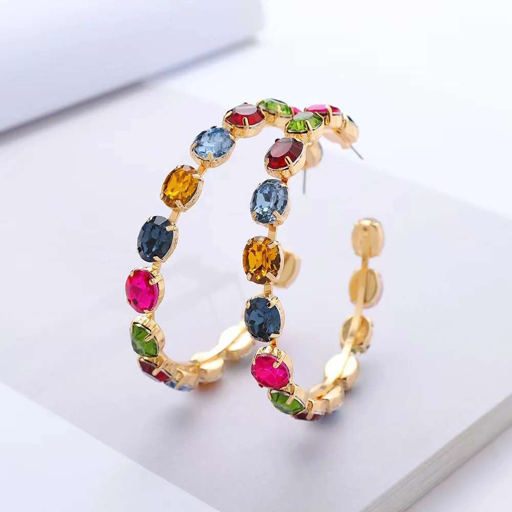Trendy C Shape Rhodium Plated Hoops Women Jewelry Fashion Statement Glass Rhinestone Hoop Earrings