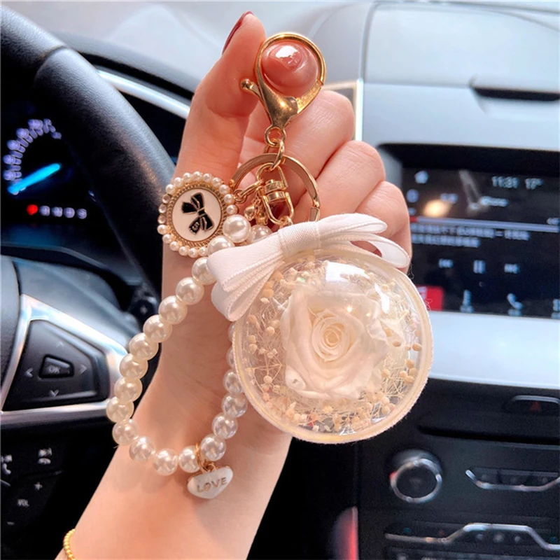 product factory wholesale preserved rose everlasting flower acrylic ball key chain for women girls car hanging valentines day gift-57