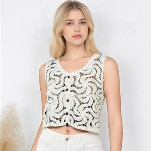 Early Autumn Women's Casual -Style Short Crochet Cotton Knitted Vest Outerwear Layered Tank Top