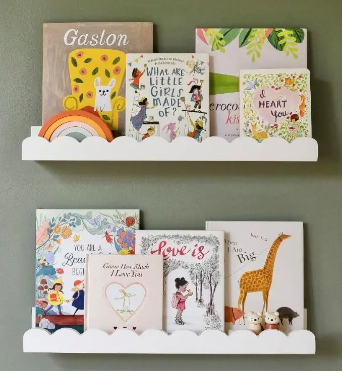 Custom Wood Floating Nursery Book Shelves Wall Pair of 24in Scalloped White Nursery Book Shelves for Kids Room Cloud Shelves