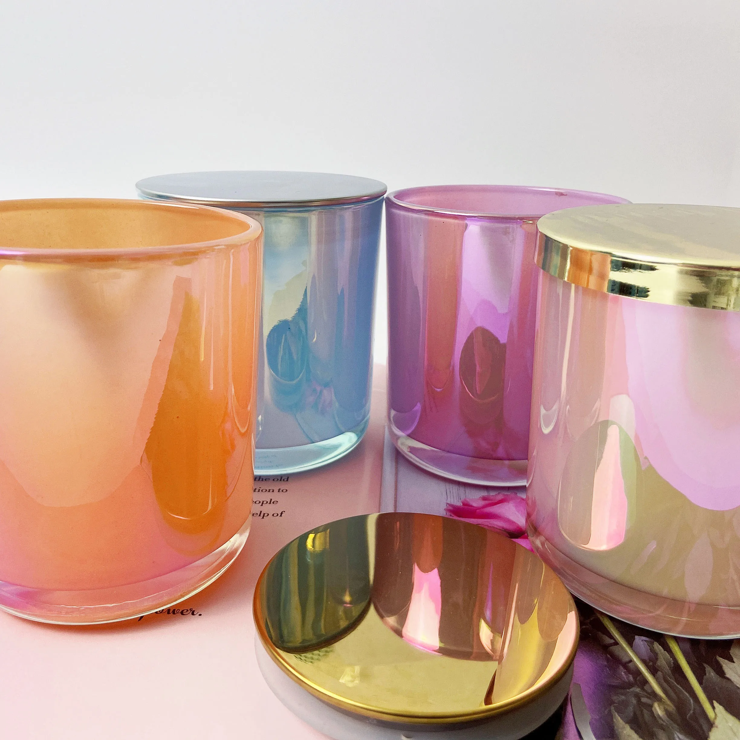 Wholesale Wooden Wick Iridescent Plating Glass Creative Candle Jars