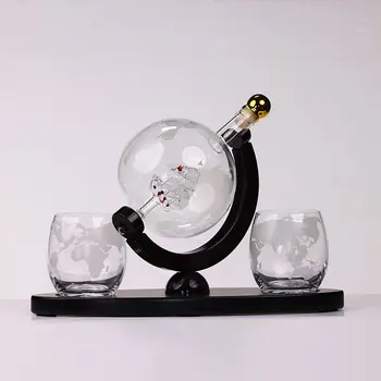 Quality Luxury World Globe Galleon Decanter and 2 Whisky Glasses Set Hand-Blown Crystal Clear Classic Design Style