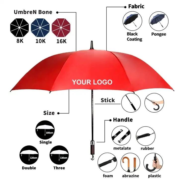 Promotional Branded Wind Proof Custom  Logo Coloured Cheap Pongee Automatic Straight Large Golf Umbrellas Parapluie for Outdoor