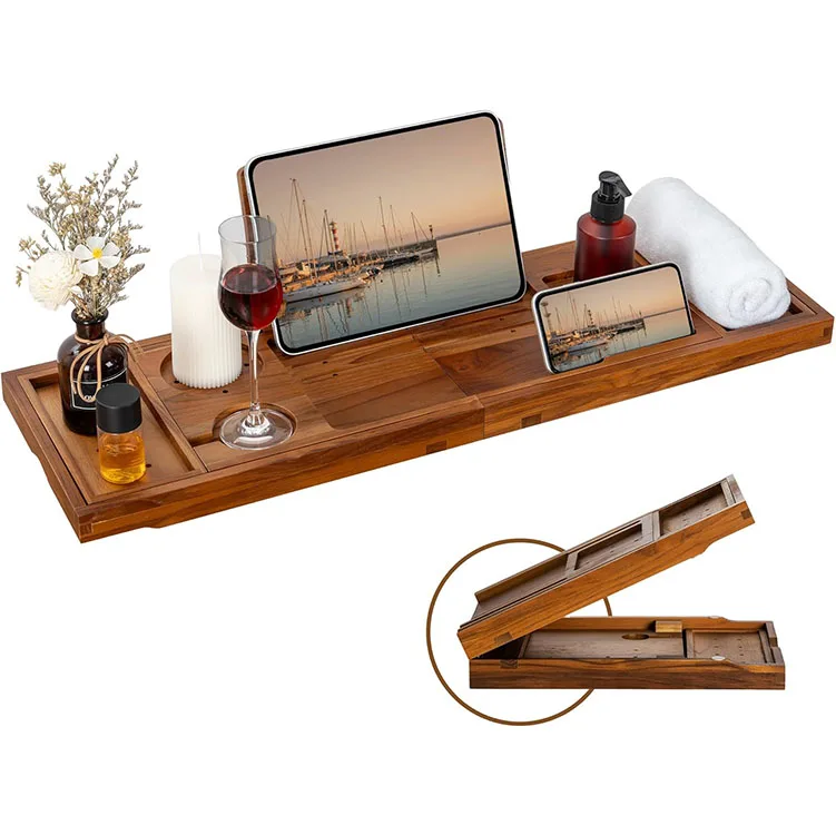 Luxury Foldable Bath Tray Teak Bathtub Tray with Expandable Handles Wine Glass and Phone Holders Book Stand
