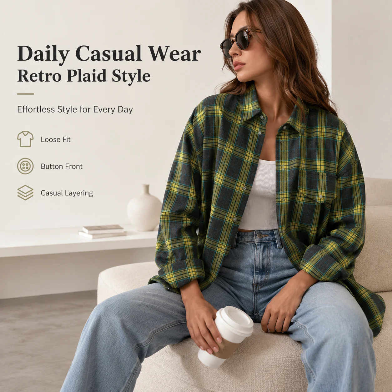 Cute Retro Versatile Turn-Down Collar Loose Shirt Autumn Plaid Long Sleeve Pocket Broadcloth Women's
