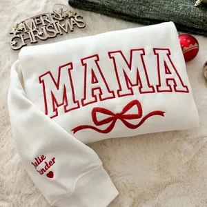 Mothers Day Solid Color Embroidery MAMA Bow French Terry Long Sleeve Sweatshirt Women