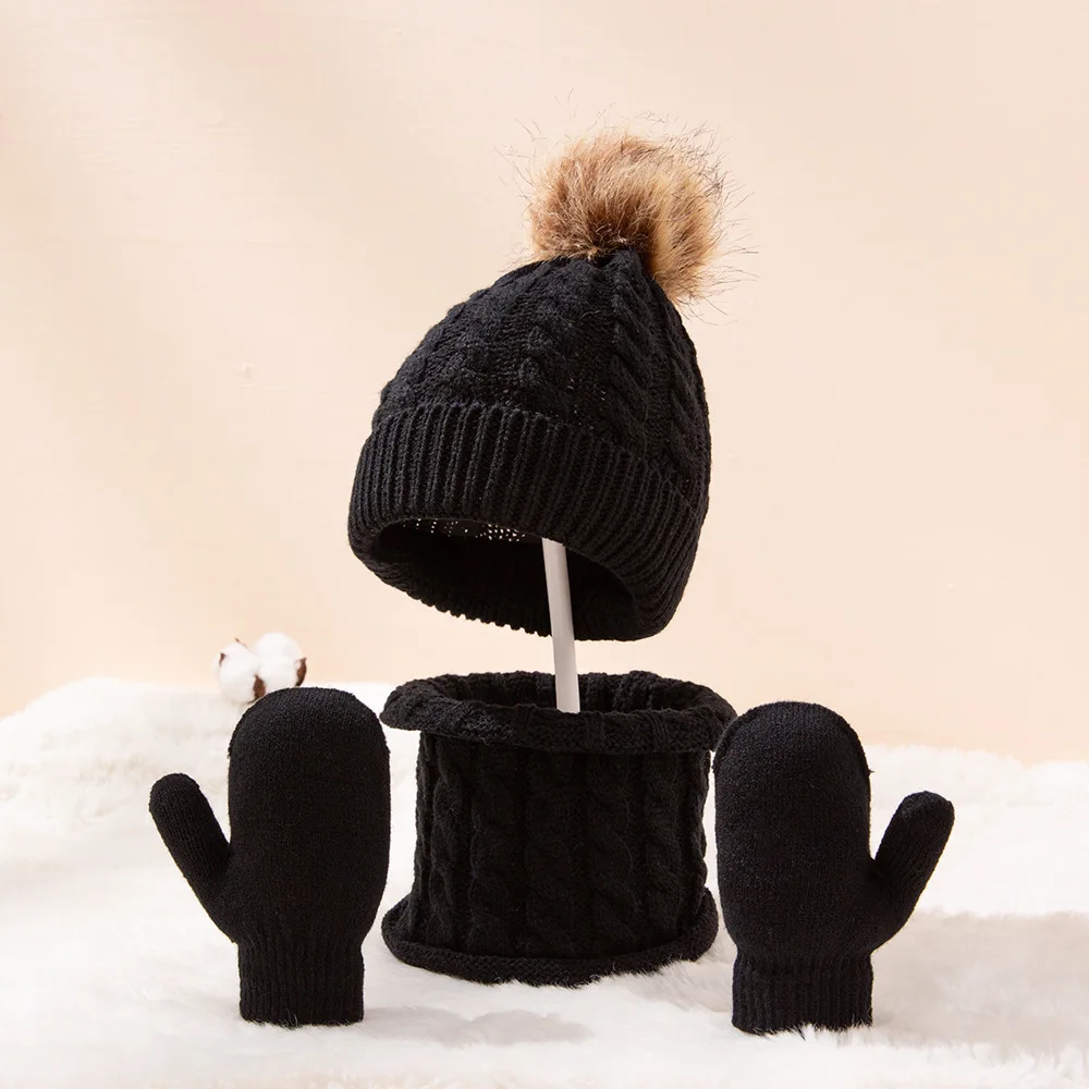 New Wool Yarn Monochrome Twist Warm Children's Hat Scarf Gloves