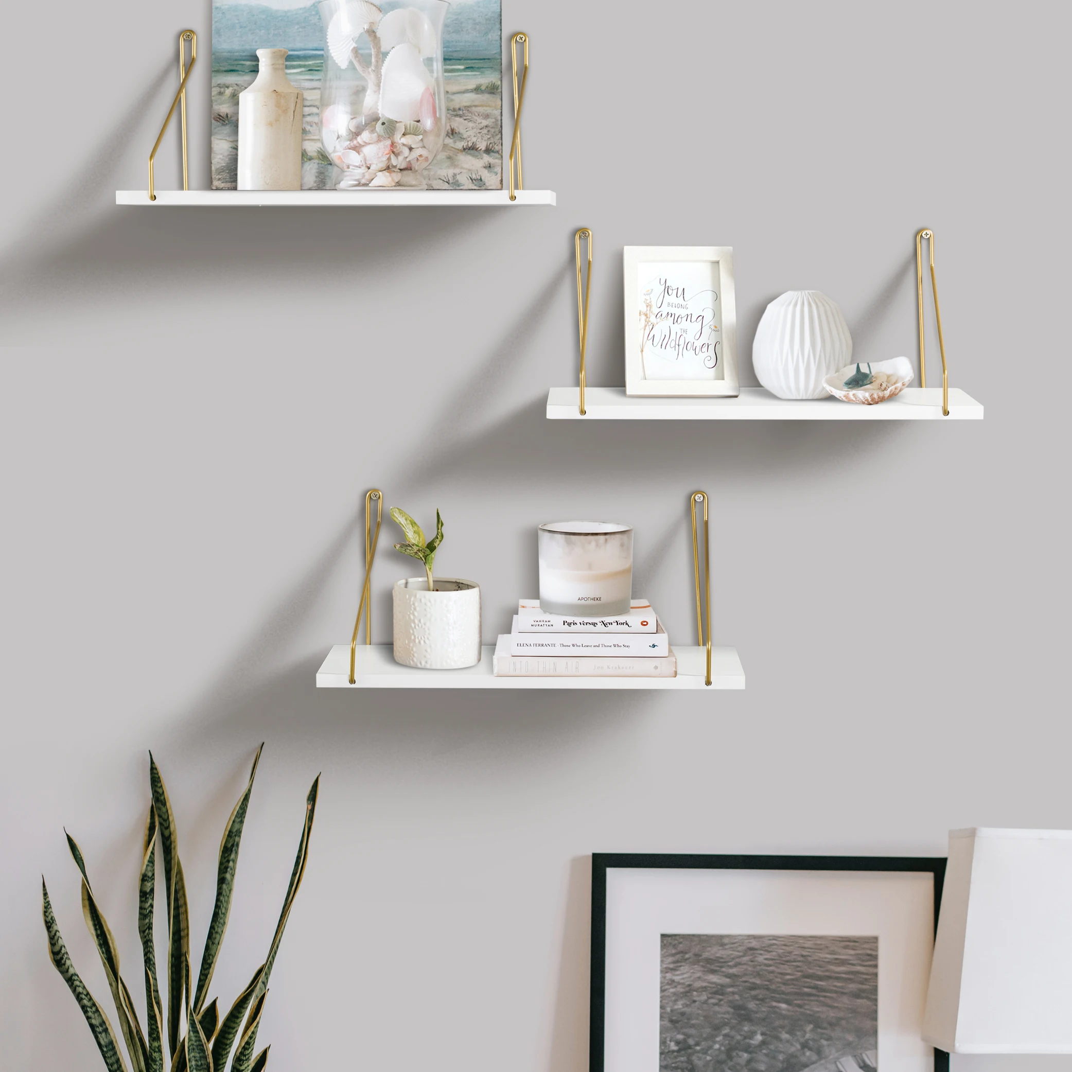Unique Rustic Modern Floating Hanging Wooden Wall Shelf Storage 3 Shelves Set Decor Wall Mounted With Hanging