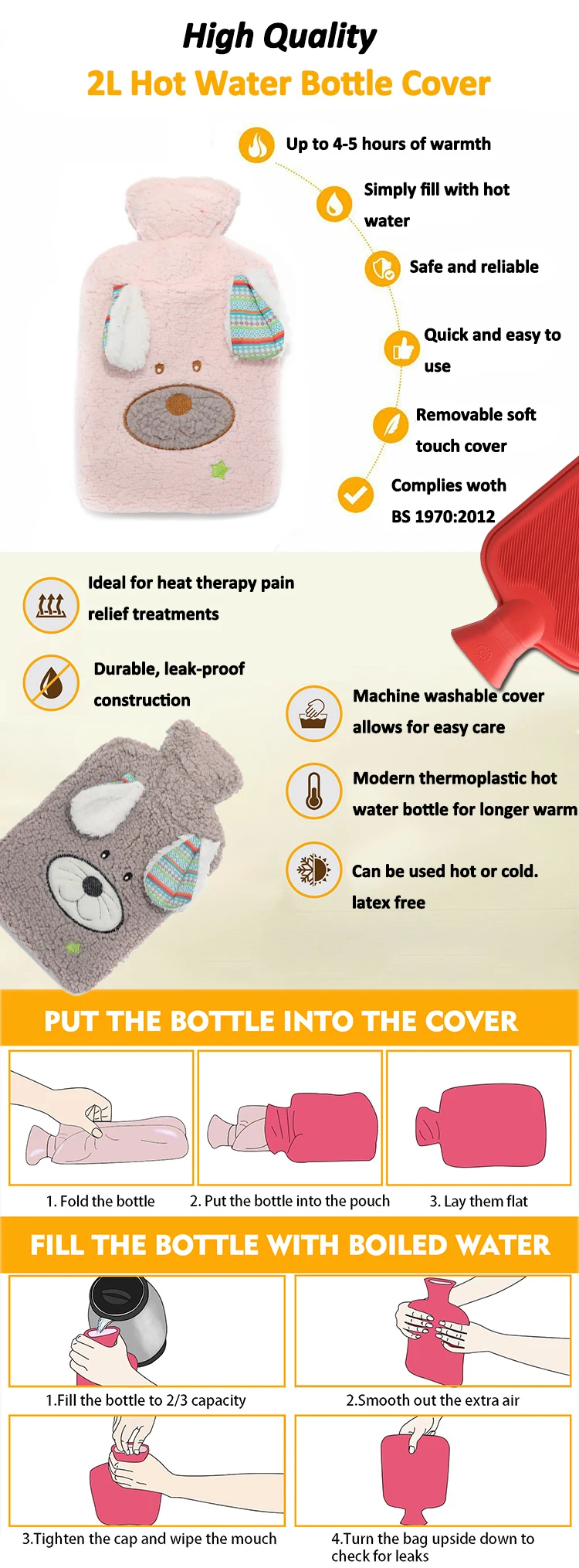 top grade high quality cute animal hot water bottle with plush cover rubber hot water bag gift packing
