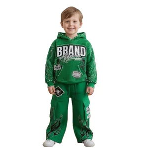Factory Customized Acid Wash Screen Printing Long Sleeve Embroidery Rhinestone Boys Sweatpants and Hoodie Kids Clothing Set