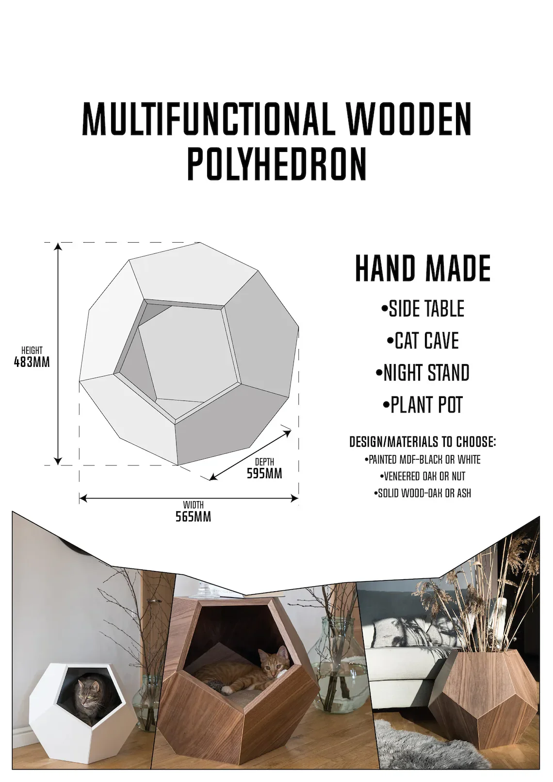 Modern Wood  Walnut Tree Veneered MDF Cat Cave  Bed, Pet Furniture Geometric Side Table