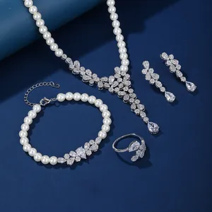 Perfect Gift Set Women Elegant Zircon Adorned Brass Copper Alloy Set Rhodium Plated Classic Style Wedding Engagement Party