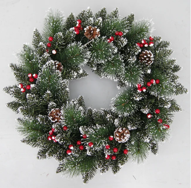 Hot Sale 50cm PVC Mixed Pine Needle Wreath Red Berry Christmas Decoration with Natural Pine Cone Ornaments