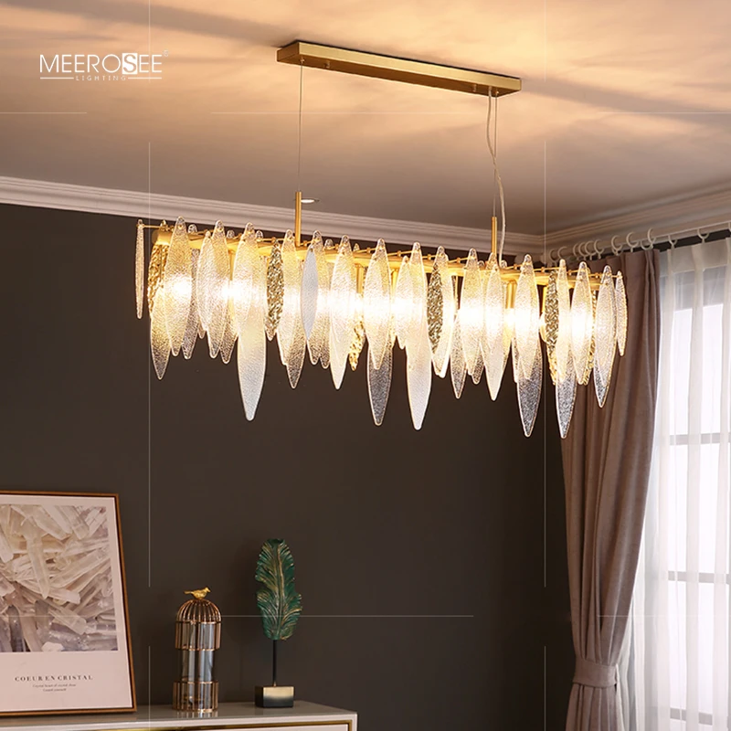 Meerosee Frosted Transparent Glass/ Gold Embossed Leaves Chandelier Coppery Lamp Body Decorative Lighting MD86819