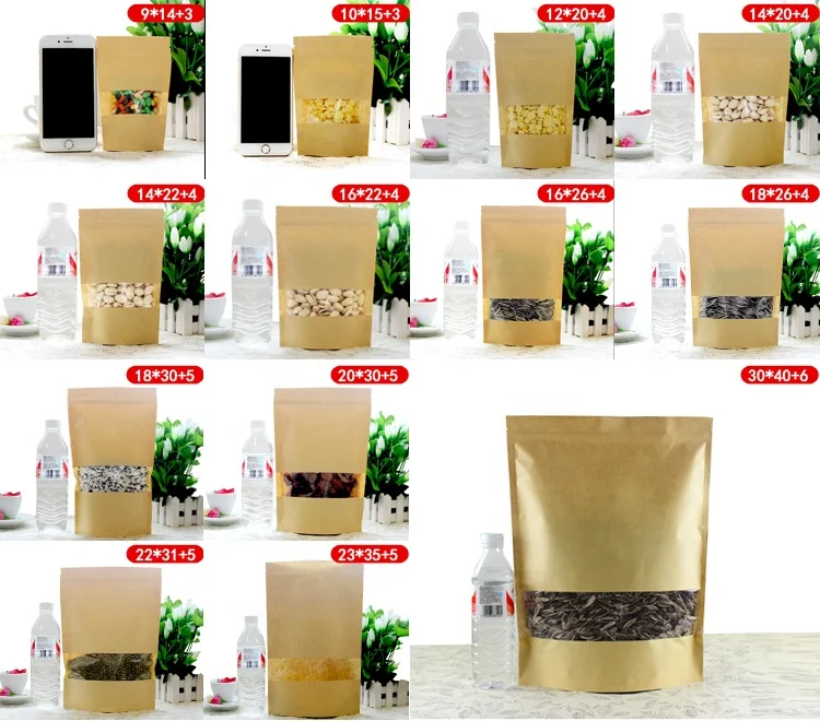 Подгонянное коричневое окно из крафт-бумаги с замком на молнии и глубокой печатью-приемлемые пакеты для упаковки пищевых