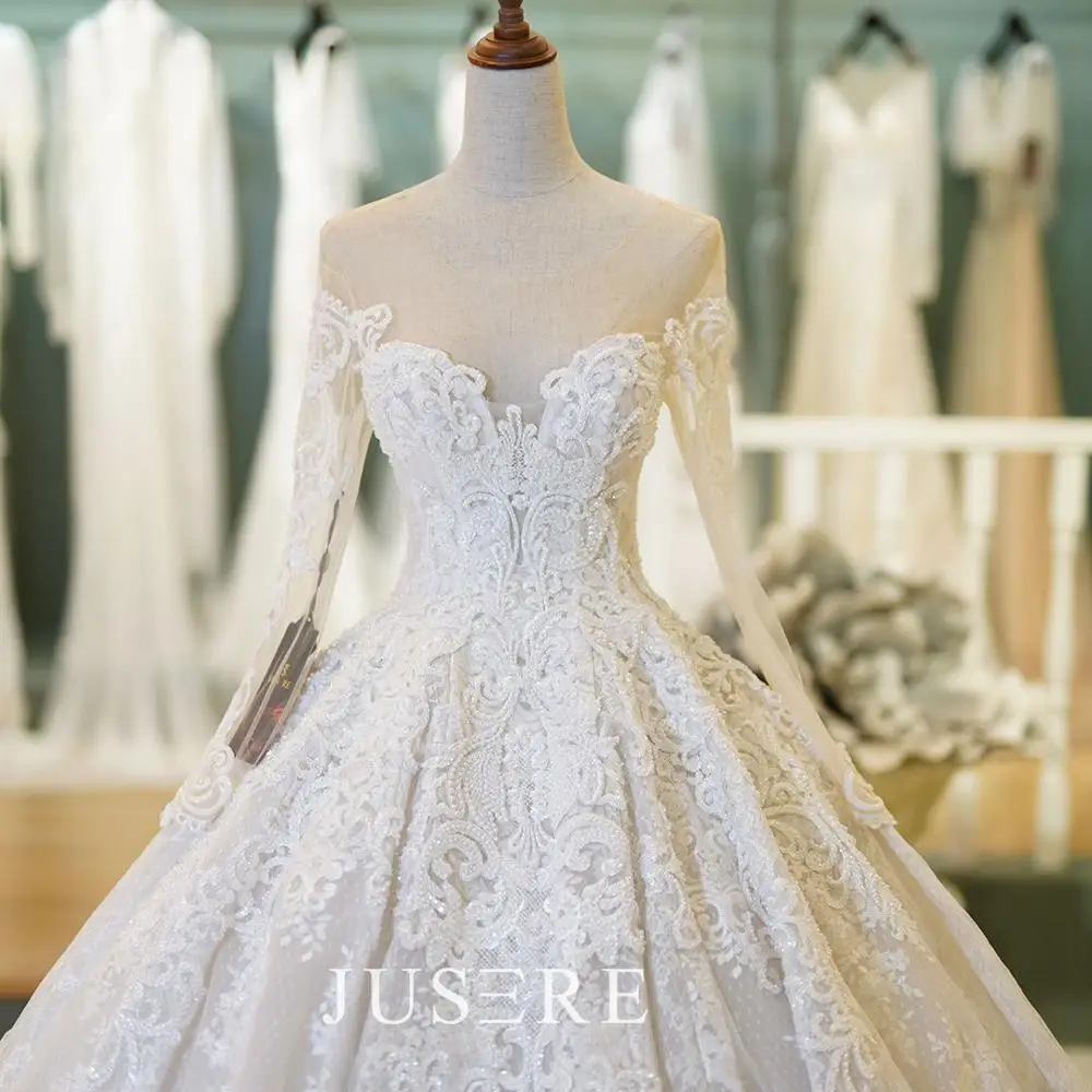 Siap untuk Kapal Mewah Timur Tengah Muslim Lengan Panjang Pernikahan Gaun  Ball Gown Nyata Kereta