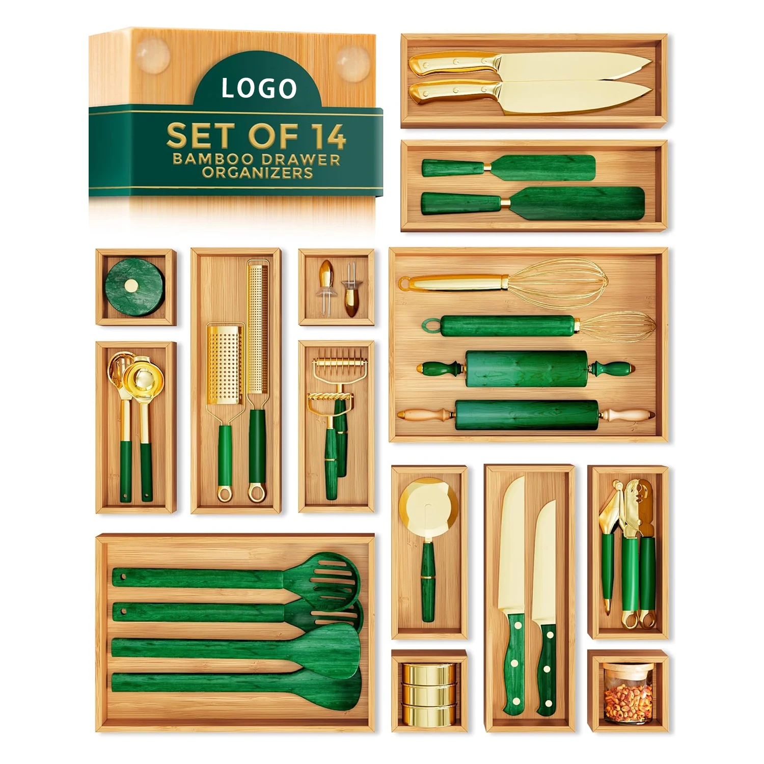 14-Piece Rectangle Bamboo Drawer Dividers & Cutlery Holder Storage Box-Eco-Friendly Easy-Clean for Kitchen/Bathroom/Office
