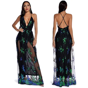2024 new Sexy V-Neck Sling Sling Sequin Dress Embroidered Halter Dress Mesh Slit Dress