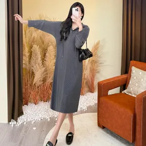Miyake Pleated Dress 2025 New Autumn Women's Fashion Dress Loose Large Size Casual Mid-length Dress Women's Hooded Sweater Dress