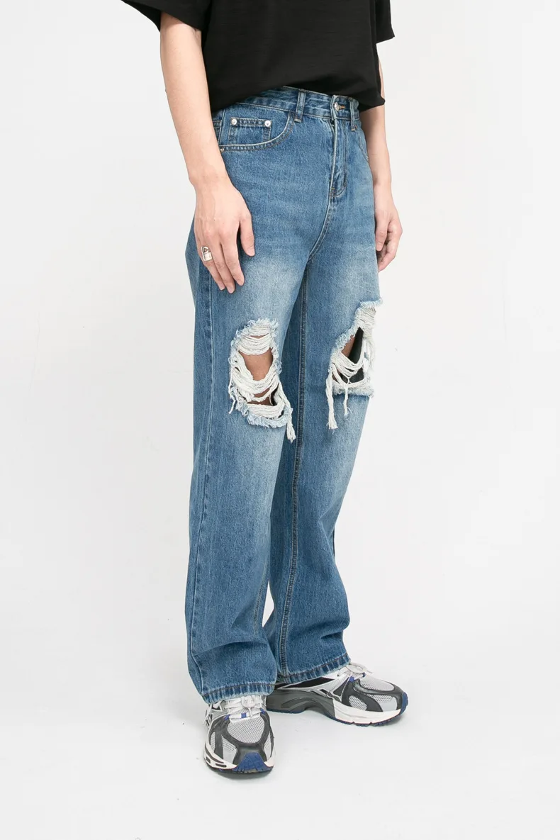 2024 Pantaloni rupți cu găuri la genunchi, design personalizat pentru bărbați, blugi distress de calitate albaștri_voghion.com