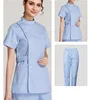 blue lab suit with standing collar