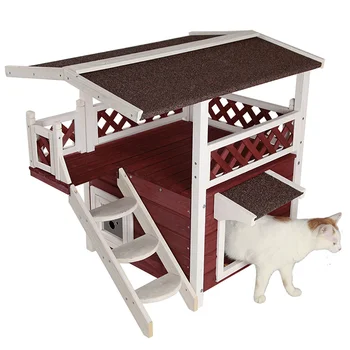 Lynpet Outdoor Wooden Pet Cat House with Escape Door for Feral Cats Weatherproof Waterproof Cat Shelter