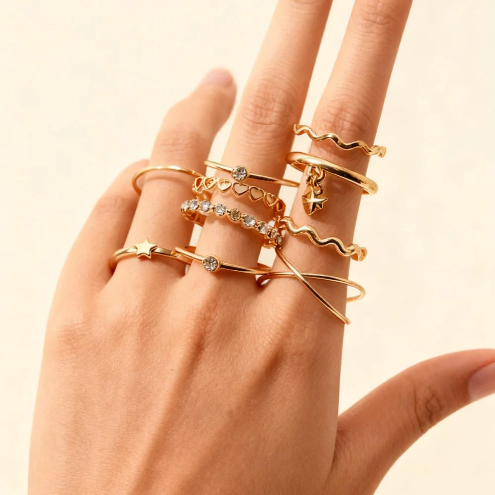 2026 Trendy Jewelry 10-piece Set - Geometric Star Heart Full Diamond Fashion-Laden Women's Ring