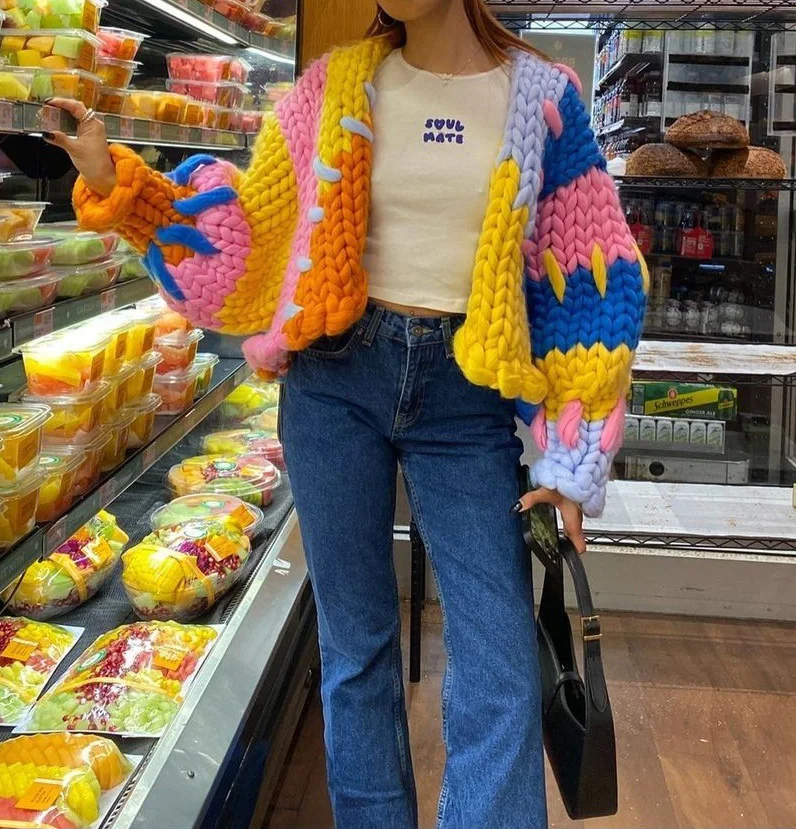 Chunky Knit Ladies Rainbow Cardigan Uk Color Block Rainbow Knitted