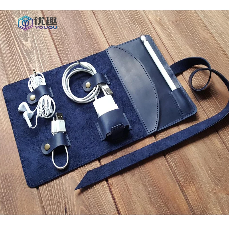 Blue Leather Folding Cable Organizer
