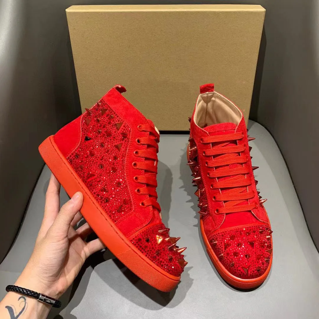 2023 Rivet Men's Shoe Shightop Leather Sequins Red Bottom Shoes Women's Casual Luxury Brand
