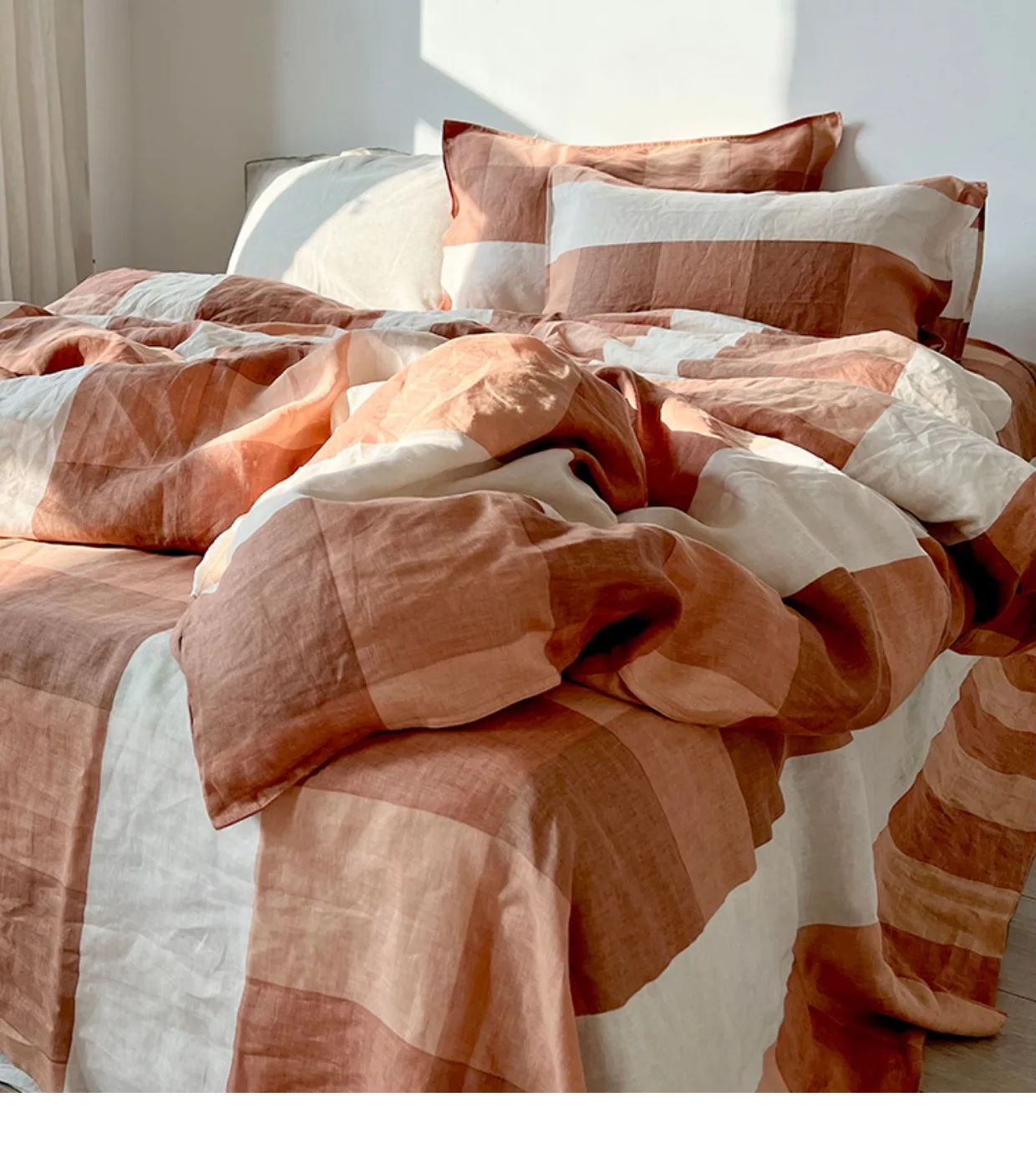 French Modern 100 Linen Bedding Set Flax Linen Plaid Duvet Cover