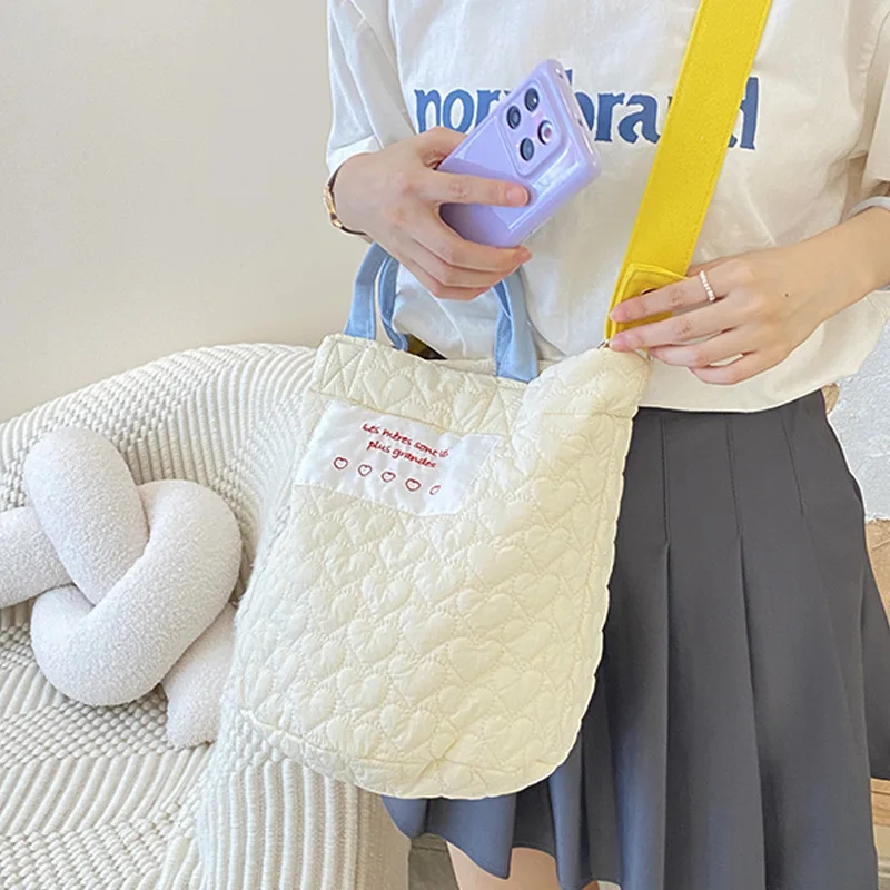 Women's Fashion Winter Warm Lightweight Quilted Puffy Handbag Nylon Quilted Puffer Crossbody Bag with Two Straps Open Closure