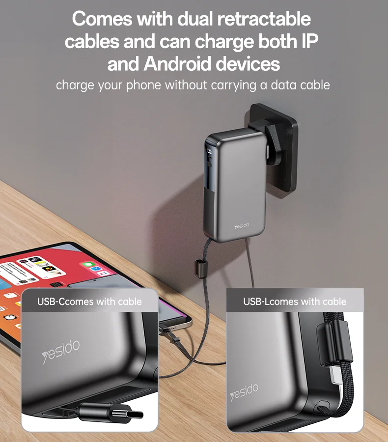 Yesido 10000mAh 22.5W Fast Charging AC+DC Retractable Cable Digital Display Screen Power Bank With AC Charger YP90