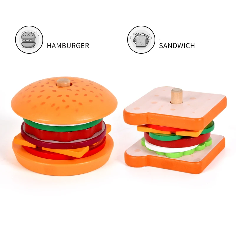 Children Playing Tasty Sandwich Stacking Game Wooden Simulation Food
