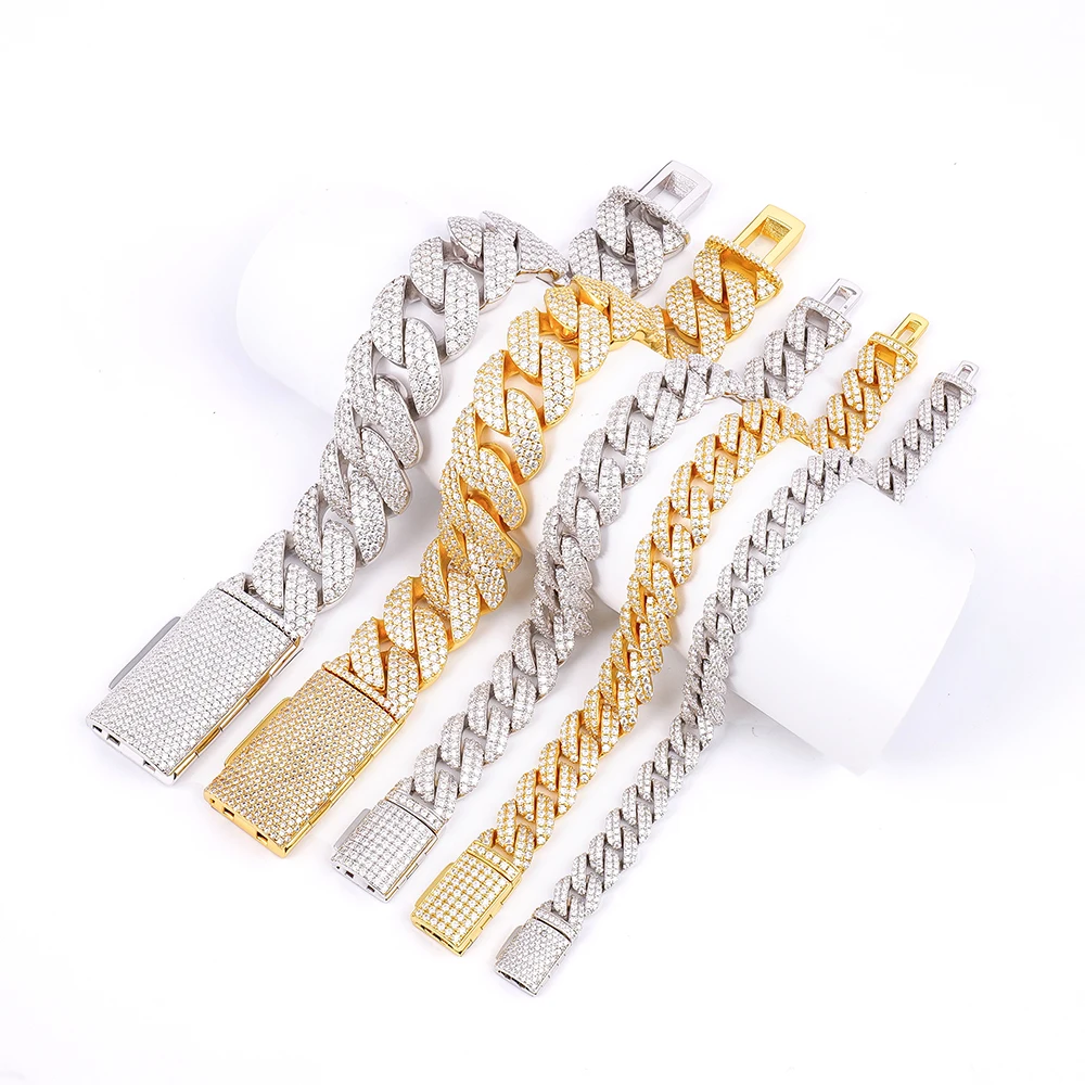 925 Silver Hip-Hop Jewelry VVS Moissanite Diamond Cuban Link Bracelets Arc Shape 8mm10mm12mm White Gold Yellow Gold Cuban Chain.