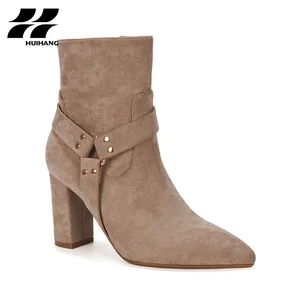 Women's Sophisticated Sheepskin Suede Ankle Boots Pointed Toe Zip Closure Height Increasing Block Heel Comfort for Casual Party