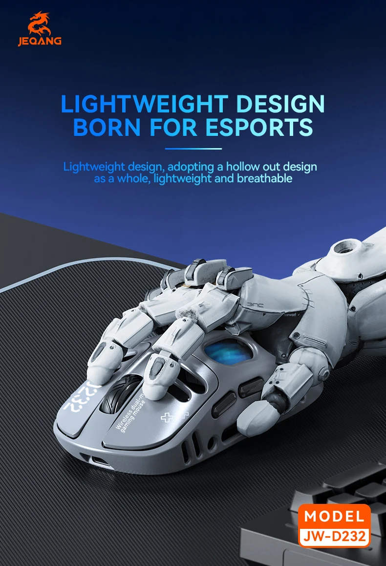 Jeqang JW-D232 RGB 2.4G BT Dual-Mode 6D Ergonomic Gaming Mouse Magnesium Alloy Hollow Design Optical Tracking Backlit