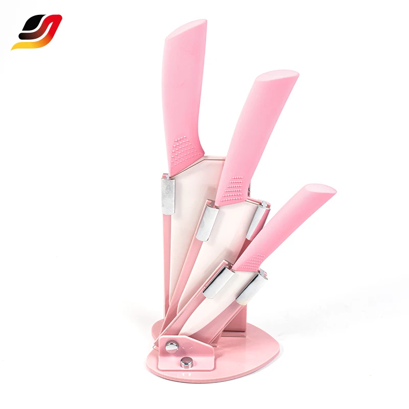 Factory Supply Stainless Steel Chef's Fruit Knife Sharp and Durable 4pcs Kitchen Knife Set with Pink Knife Holder