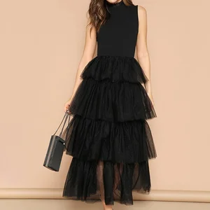 Custom High Quality Translucent Solid Chiffon Ruffle Maxi Dresses for Women Sleeveless Stand Casual Spring Summer Dress