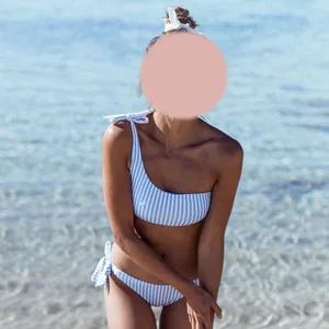 Hot Selling Blue Vertical Striped One-Shoulder Tie-Up Bikini High Waist 2 Piece Set Quick Dry Swimsuit for Foreign Trade