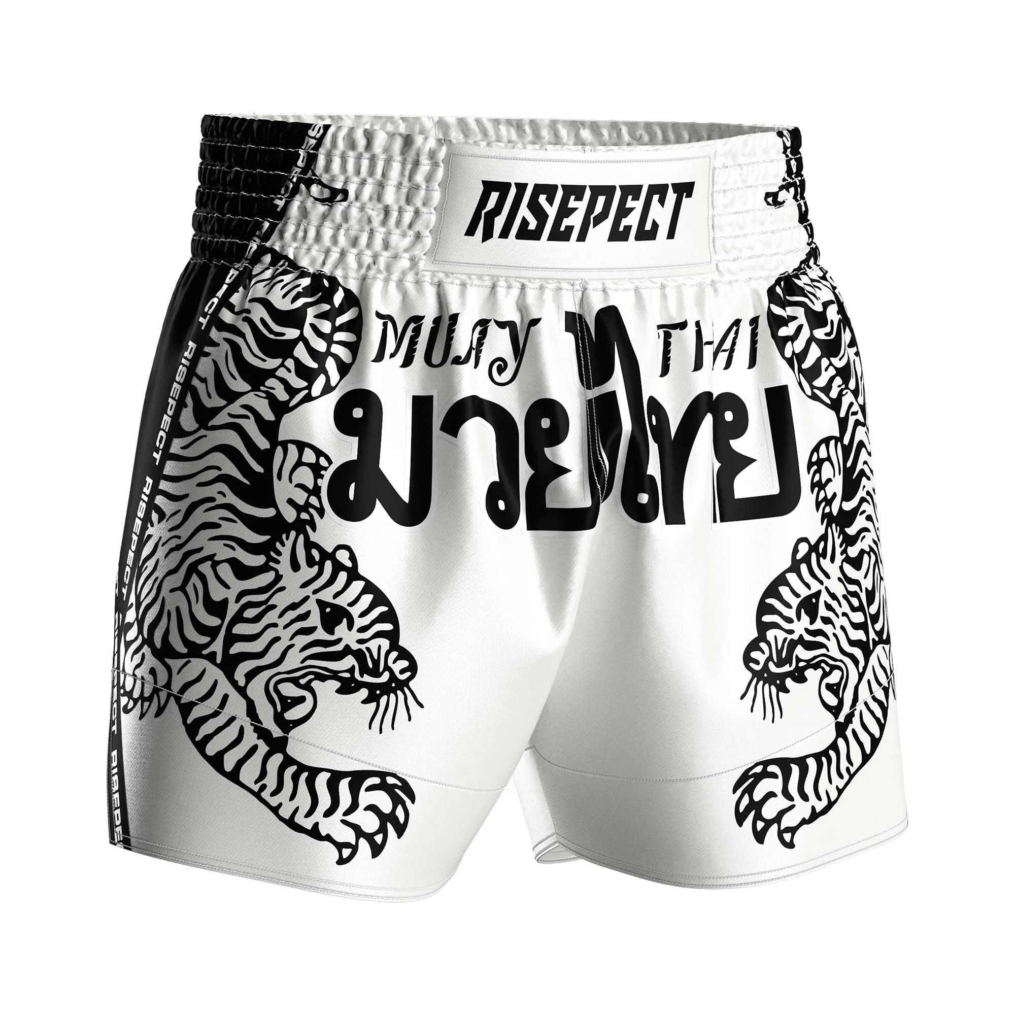 RISE Unisex White Silk Smooth Muay Thai Shorts Tiger Print Authentic Thai Boxing Training MMA Martial Arts Wear Customizable OEM