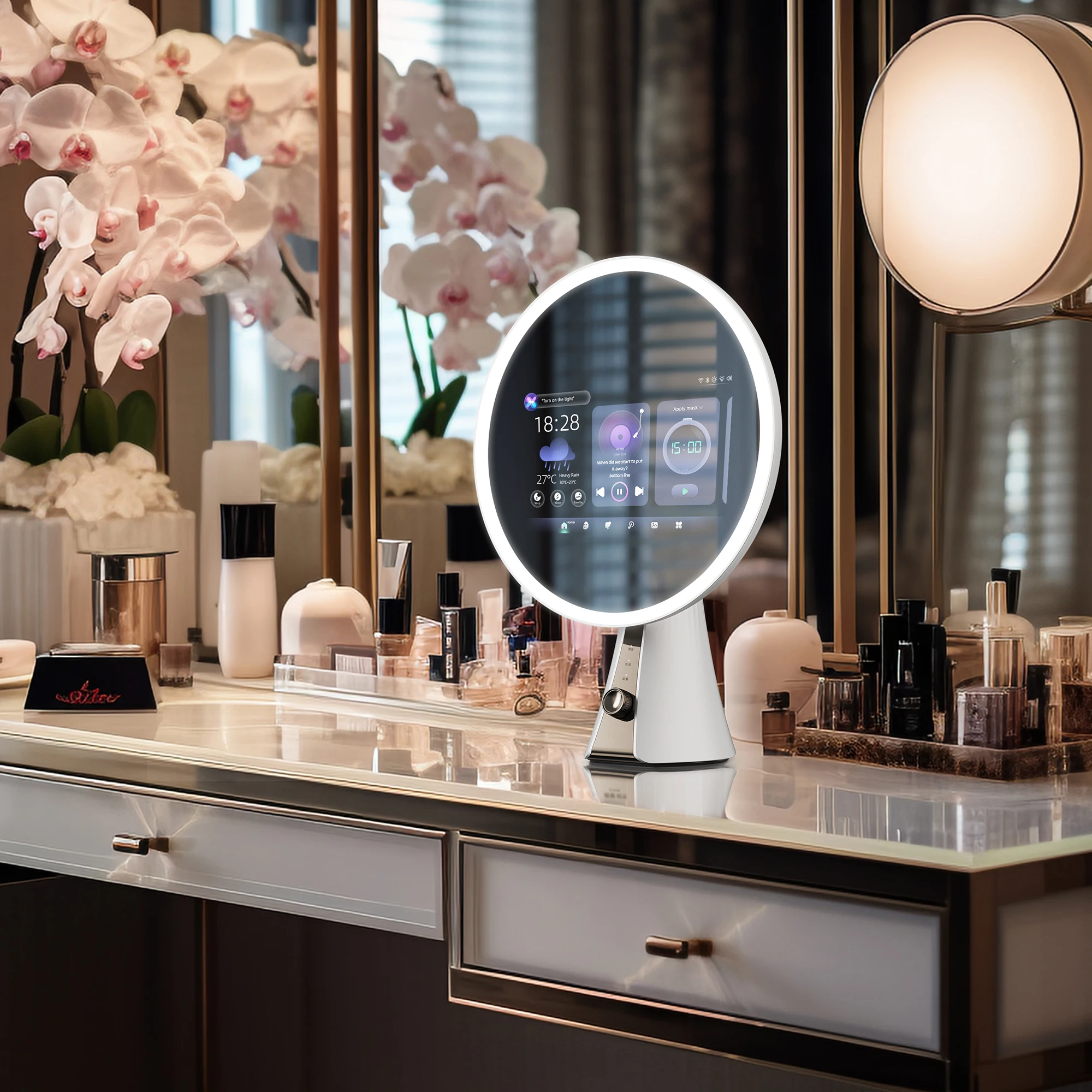 Hot Selling Adjustable LED Light Desktop Smart Beauty Mirror Bluetooth Speaker WiFi Connection Applying Makeup Great Gift Idea
