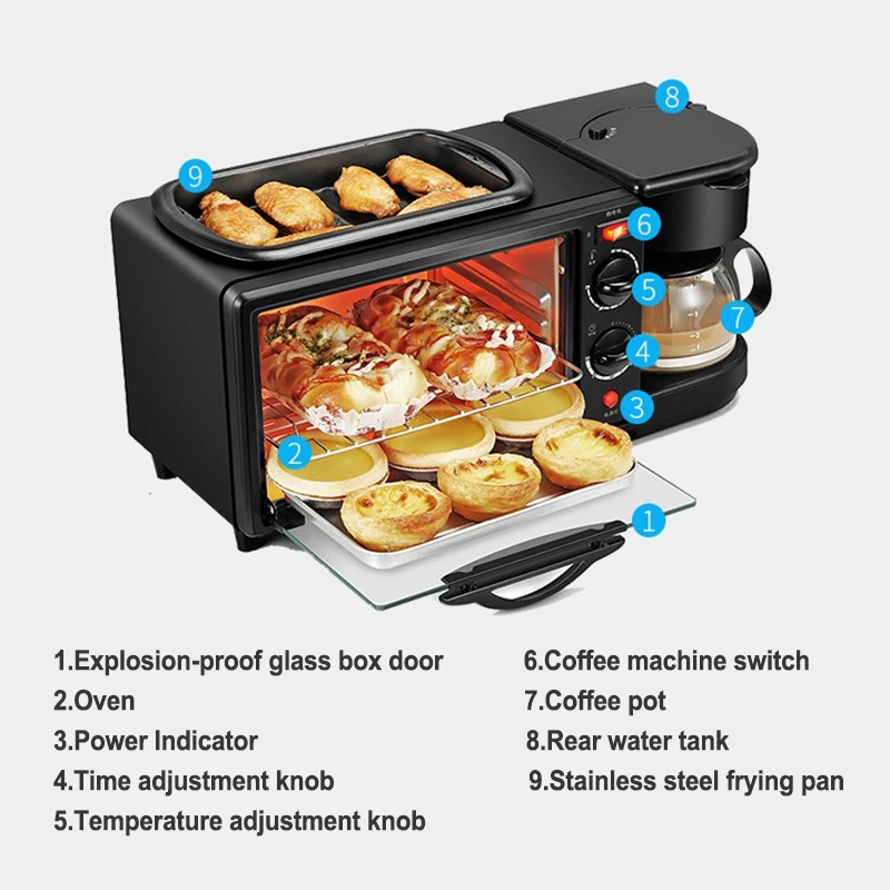 Three in One Multifunctional Toaster Coffee Pot Oven Frying Pan Set Electric 3 in 1 Breakfast Sandwich Makers Machine
