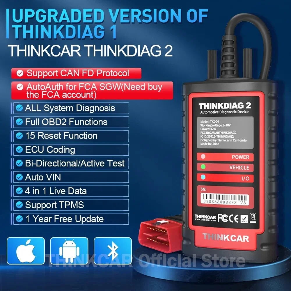 Thinkdiag 2 Full System OBD2 Diagnostic Scan All software 1 Year Free Update Support CAN FD Protocols Diagnostic Tool