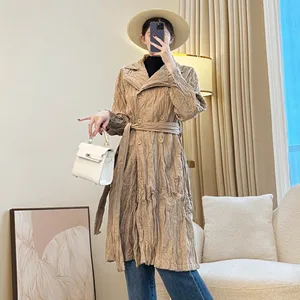 Women's Vintage Khaki Lace Trench Coat with Zipper Closure Flared Sleeves and Detachable Hat-Slim Waist Design