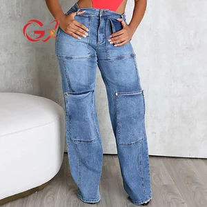GX0601A Women's Fashion Street Wear Pocket Start Design Straight Washable Jeans Retro Casual Cargo Denim Pant