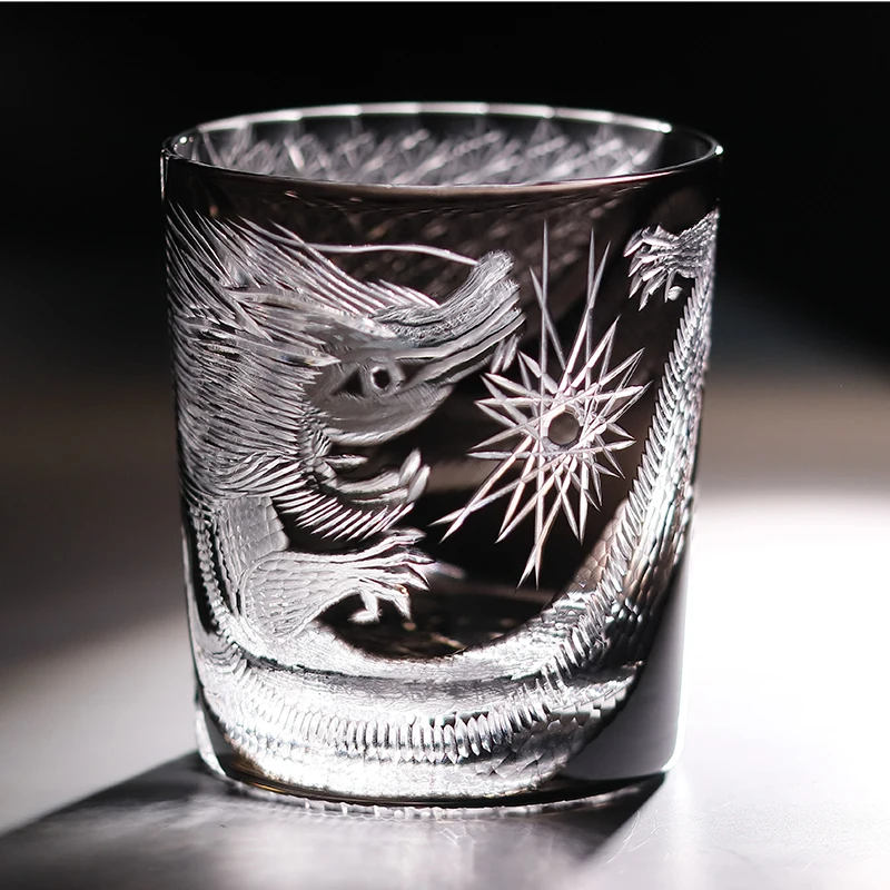 Japanese Style Edo Kiriko Whiskey Glass Tumbler Hand Engraved Peacock Phoenix Dragon Design Shot Rocks Glass with Gift Box